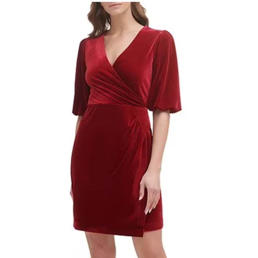 NWOT DKNY Velvet Side Rouch Surplice V-Neck Bubble Short Sleeve Faux Wrap Dress